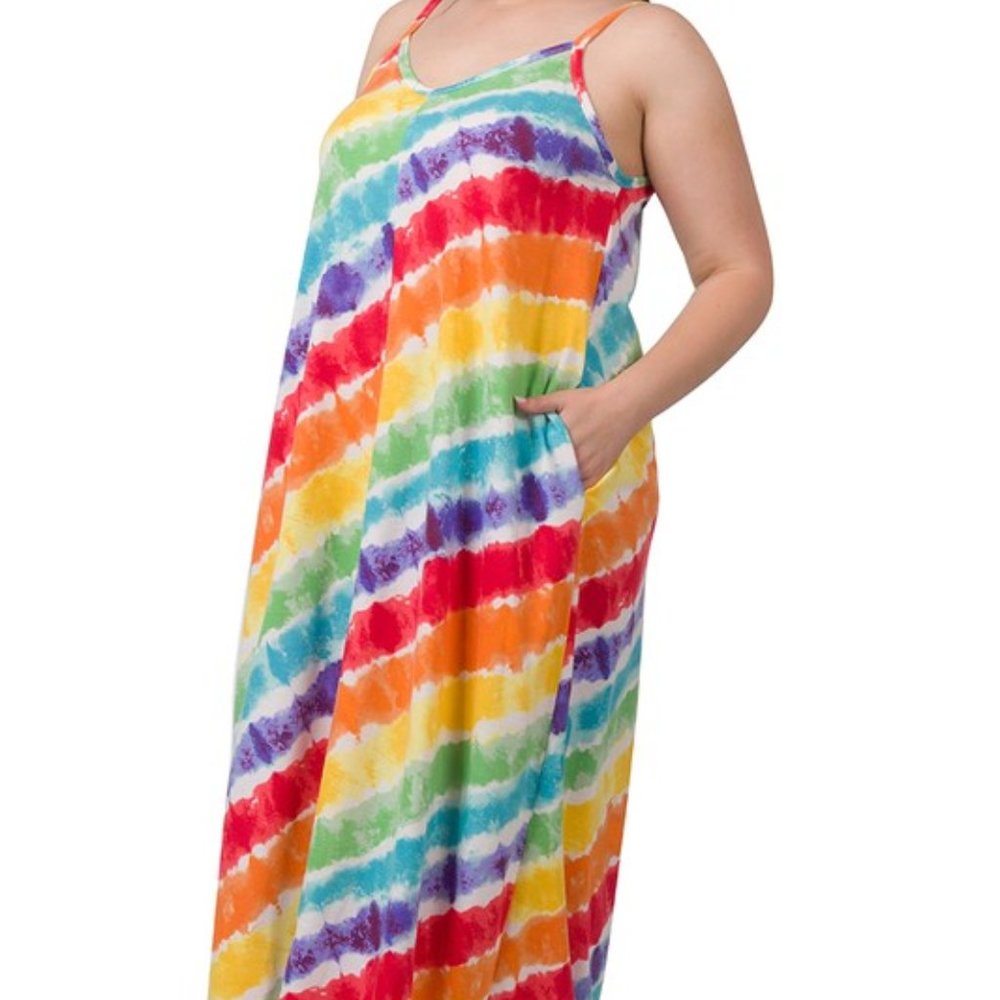 PLUS SOFT F/TERRY TIE DYE V-NECK CAMI MAXI DRESS